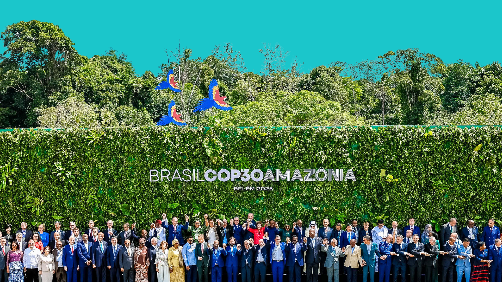 An image of COP30 delegates standing in front of a hedge with a sign behind them that reads Brasil COP30 Amazonia